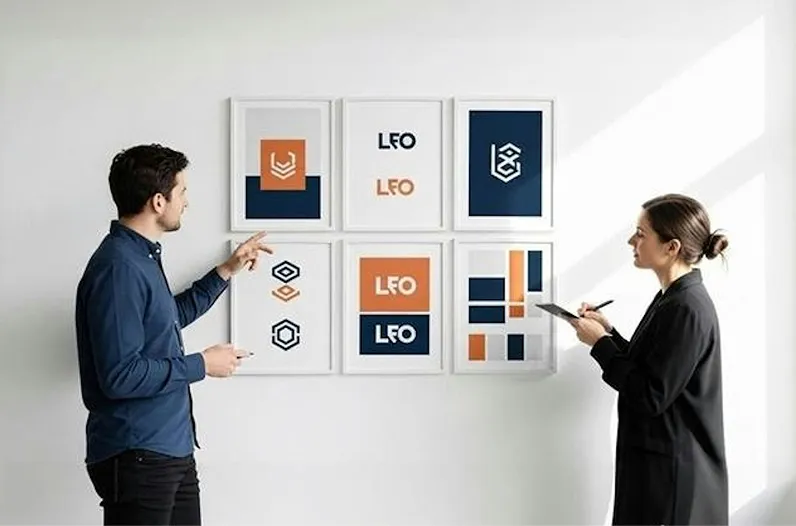 Two designers reviewing brand work pinned to a studio wall
