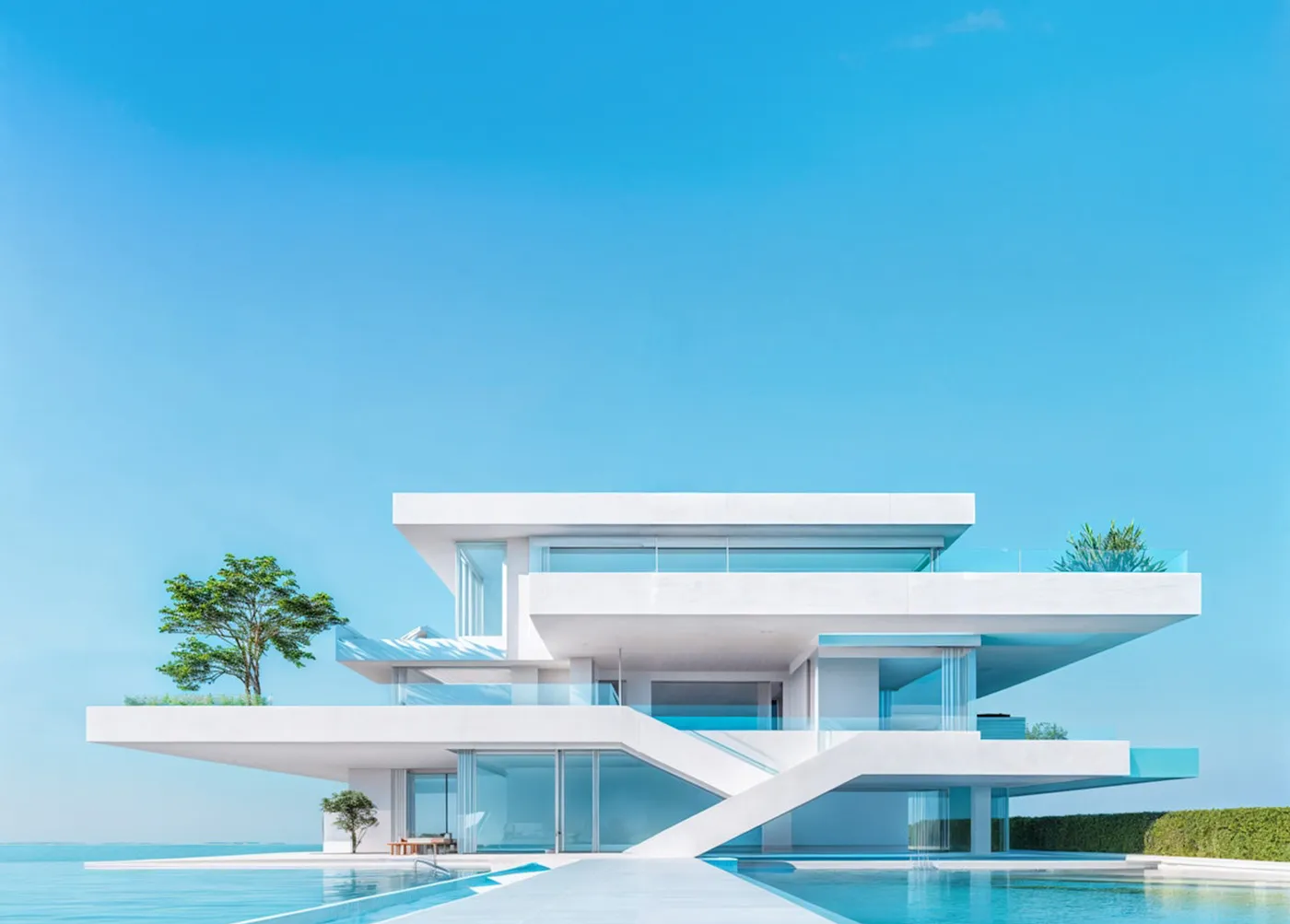 A modern white house with terraces over a pool